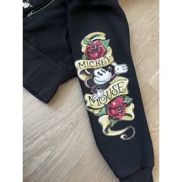 Disney Parks Y2K Black Full Zip Hoodie Women's M Mickey Mouse Rose Tattoo - Picture 8 of 10